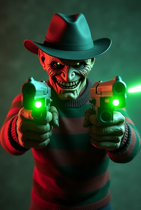 Generate an animated Freddy Krueger with two firearms pointed forward with a green laser