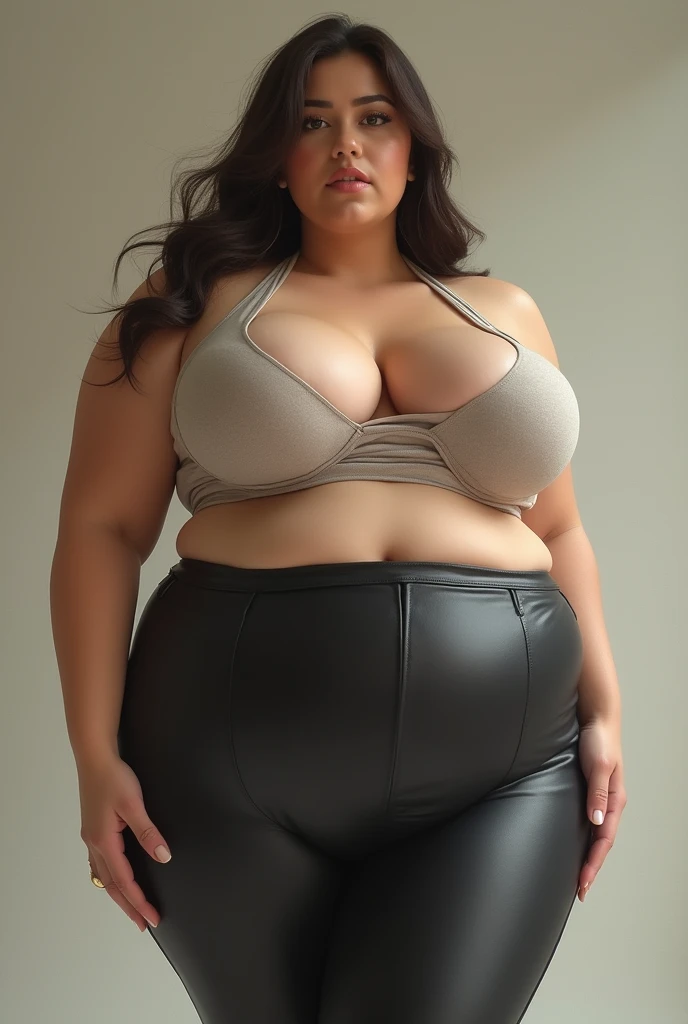 A woman with very big breasts with pants that are too tight 