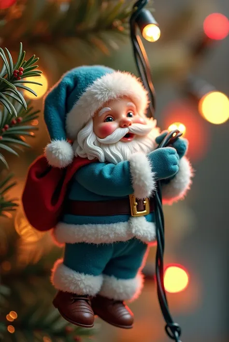 Mini blue Santa Claus hanging clutching Christmas lights