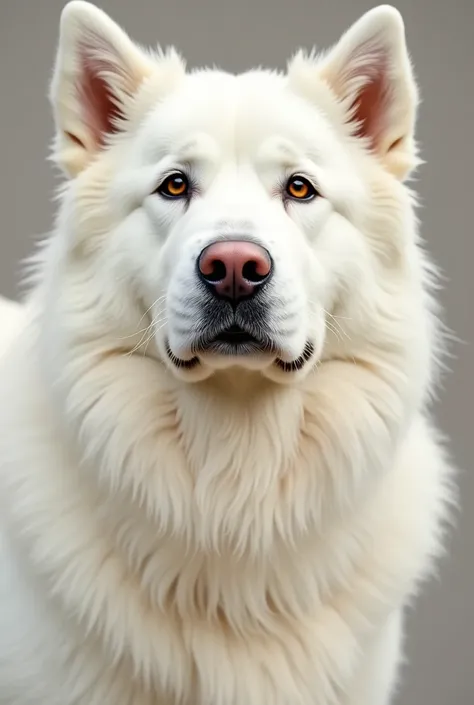 A large breed white dog, Brown eyes, white eyelashes, White mustache, nariz rosada, small head 