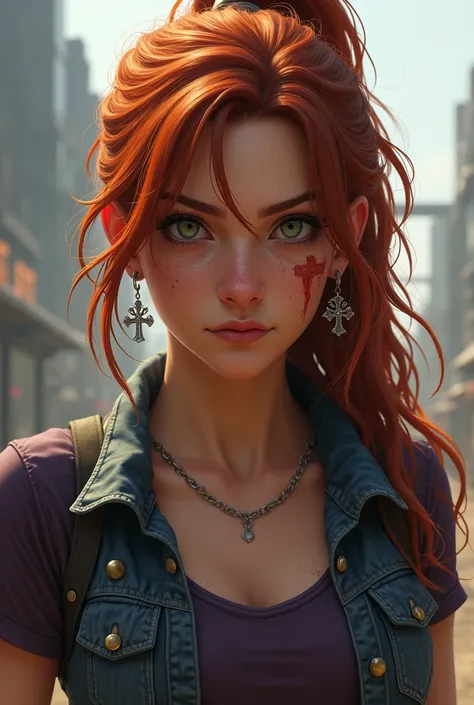  Make a post-apocalypse survivor woman . 35 years old, white, muscular,  a very dark purple casual shirt and a blue vest with gold buttons on top.  She has wavy and red orange hair ,  with a ponytail and two locks in the front like a fringe . She has a cro...