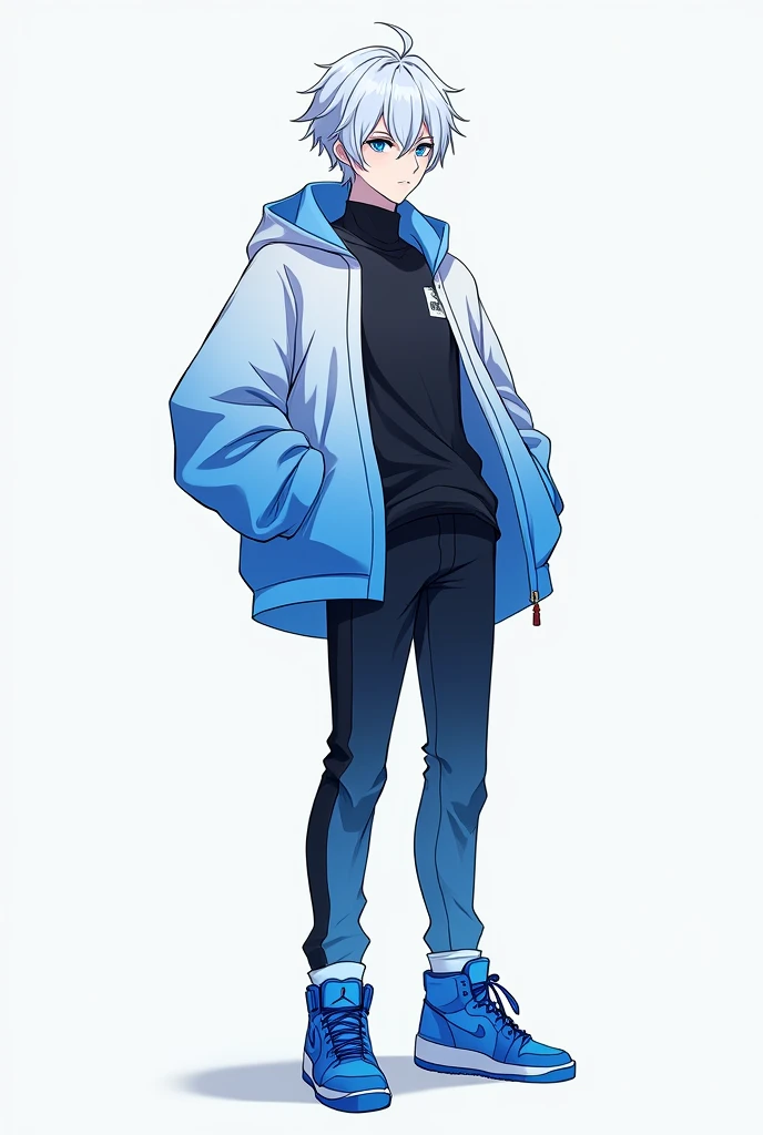 Make me a male Anime character. 1. White hair 2. Light blue to white jacket 3. Black to light blue shirt 4. Light blue to black pants 5. Blue Jordan shoes 6. Kulit ku putih 7. Kulitku lemas