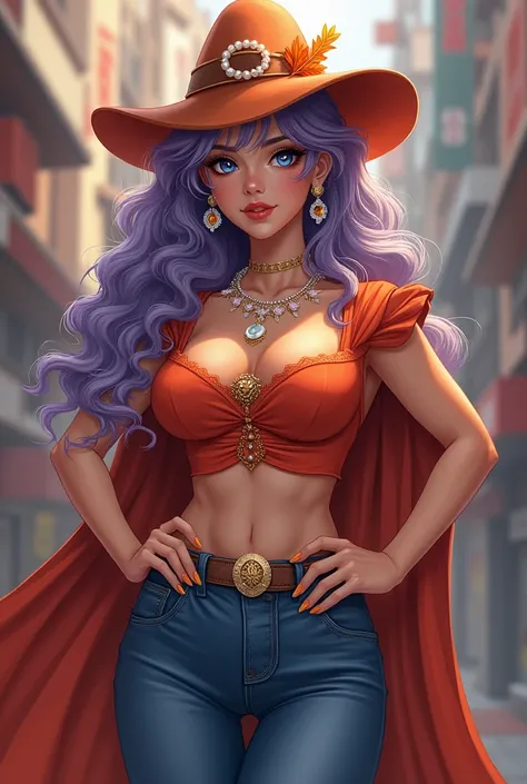 This is a highly detailed digital illustration in a fantasy style. The central figure is a fitness woman with a curvaceous physique and ample breasts, standing confidently in a regal pose. She has long and voluminous curly, dark silver-gold hair cascading ...