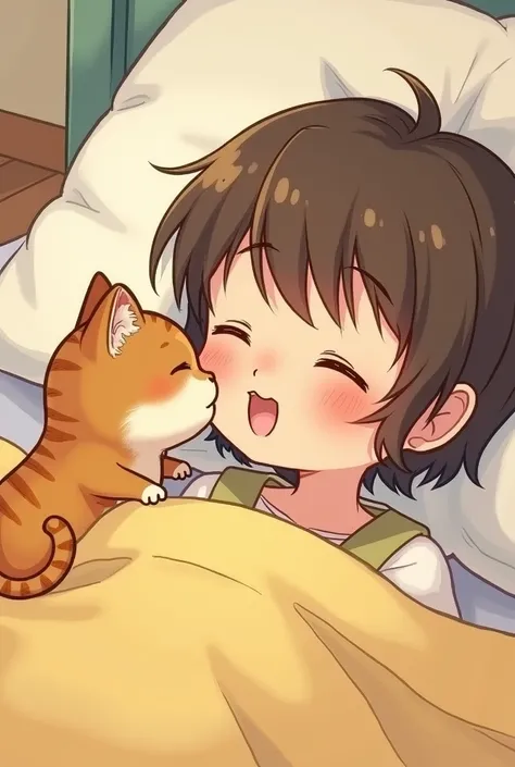 Un ptit chat tout mignon qui souhaite une bonne nuit  en faisant un gros bisou damour sur le bout du nez dune ptit zou trop mignonne, Who has brown hair cut like a boy. She is lying in bed, toute heureuse. Style Ernest et Célestine