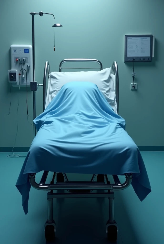 A hospital stretcher and a blue sheet 