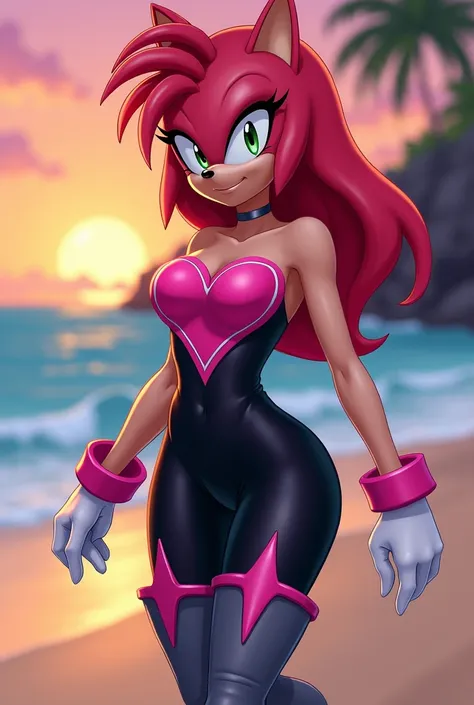  score_9,  score_8_above, 2d, flat color,  looking at the spectator , (1 girl), (Alone),  very detailed,  extremely detailed , Amy Rose from the Sonic the Hedgehog series,  portrait, seductive smile, hair down , hair bangs, Medium chest, Rouge cosplay, cos...