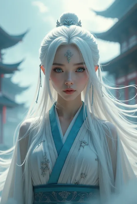  realistic skin texture, Very detailed, 8k wallpaper,  surround lighting,  Dynamic lighting ,  white long-haired girl ,  flowing long hair,  silver lotus print on forehead, Chinese style white robe,  black embroidery pattern , dynamic perspective, cloudy h...