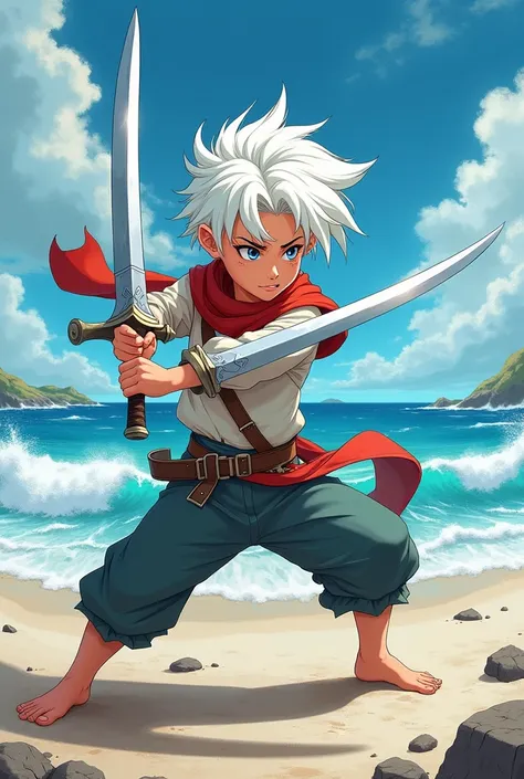 The  175 cm tall teenager dressed as a white haired adventurer who was practising swinging a shining silver magic sword splitting the waves on a red-eyed beach shoreline filled with sweat. Cartoon image  