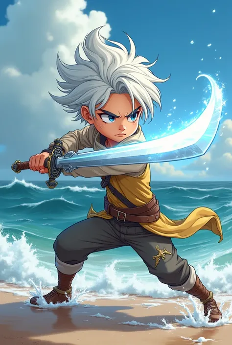 The  175 cm tall teenager dressed as a white haired adventurer who was practising swinging a shining silver magic sword splitting the waves on a red-eyed beach shoreline filled with sweat. Cartoon image  