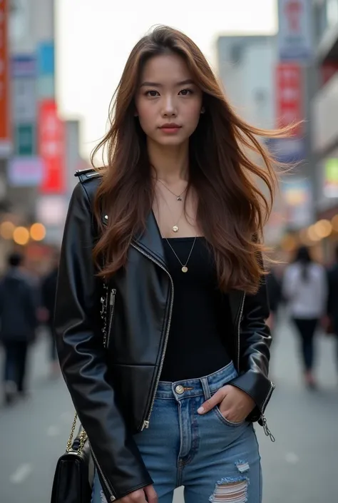 神戸の通りで自信を持って立っている22才の日本人女性,   photo taken by a professional photographer .  she wears a black leather jacket and damaged jeans 、 wind using a Canon EOS R5 ,   creates a soft bokeh effect  .  A 22-year-old Japanese woman standing confidently on the streets ...