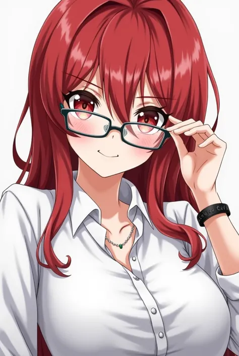 Anime girl with red hair and glasses wearing a white shirt.,  an anime drawing inspired by Ryūsei Kishida , trend on pixiv, what is?, seductive anime girl, Anya de Spy X Family, (sfw)  safe for work, fanart of Marin Kitagawa, Oppai cyberpunk, makoto shinka...