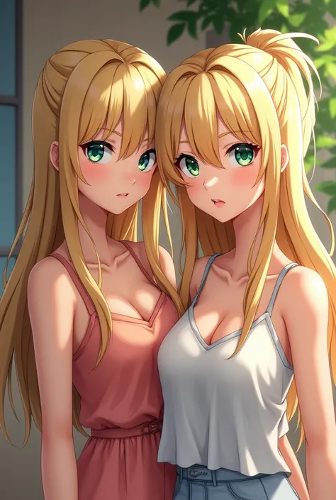 2  girls Blonde, cute, perfect face, big breasts at the green eyed girl, cuddling, blue eyes,green eyes long hair, hot outfit,  hair tail,  beautiful hair, strawberry lips at the girl with green eyes, beautiful short dress, nice ass, realy nice long hair, ...