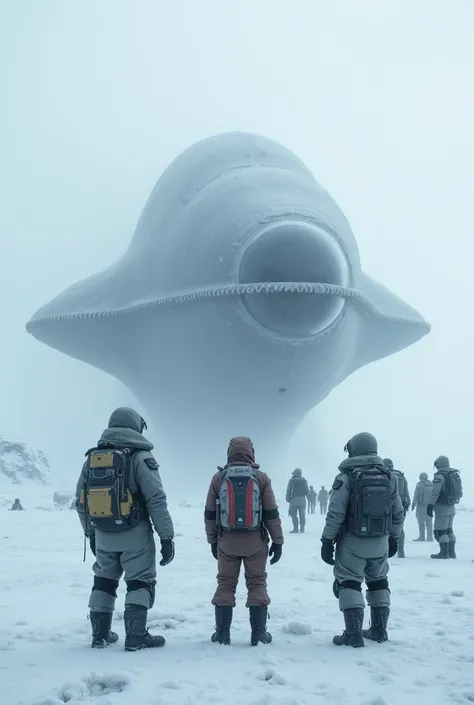 Sur la glace dun monde glacé au milieu de lArctique, un groupe dhommes avec des protections contre le froid sont de dos et observent un vaisseau spatiale gigantesque pris dans la glace, hdr, photoréaliste, ciel couvert blanc, ambiance inquiétante 