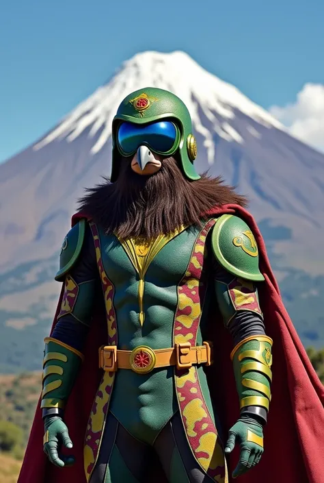 generates an image in which Runapuma ,  the vigilante condor and Pachacñaño are in front of the Chimborazo volcano .  Runapuma, a superhero who wears a green camouflage suit with a blue helmet and leopard eyes and a beard like a lions mane .THE CONDOR COND...