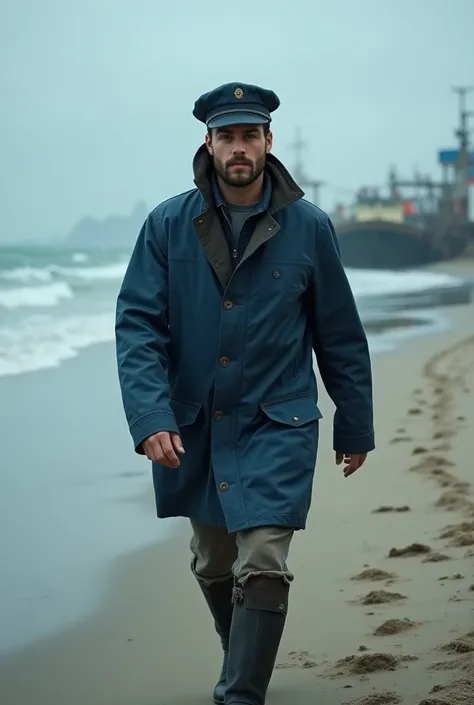  a young man , handsome, with blue fishermans jacket and cap ,  standing walking on the beach , walking con un pescador ,  dressed in dark maritime clothing  ,  half-length portrait, Frame from the movie The Arrival ,  Countertop angle ,  gray sky in the d...