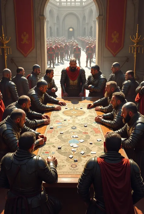 
Prompt da imagem: A large medieval council room ,  with maps and strategies scattered on a wooden table . around,  knights in armor and generals arguing with serious faces,  as soldiers prepare in the square in the background .