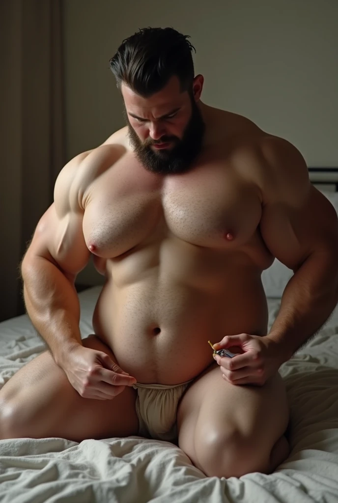 hombre beefyo desnudo en en una cama ( putting oil ) on his penis (hard,thick,big and venous ) ( his penis without clothes ) only, by the, beefy,  big penis 