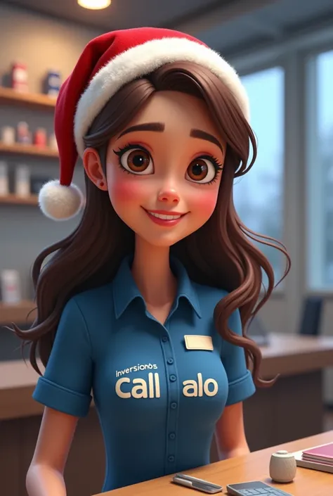 Create an animated character, femenino, Long brown hair, small eyes, with little bust, light dark complexion ,  with a formal blue shirt that says Inversiones Castillo without logo,  A Christmas hat  , In a cell phone store