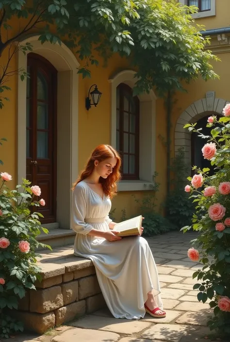 Anna Oginova in the courtyard near the house with a book