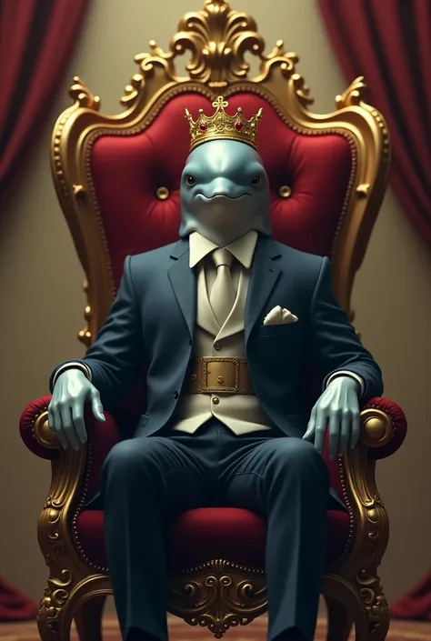 a dolphin seated on a royal throne chair  ,  wearing a suit,   a golden crown on the head golden mist smoke ,  curtains behind the chair , Intricate details,  photorealistic ,  Cinematic lighting , magic, 8k,  high resolution,  best quality ,  masterpiece ...