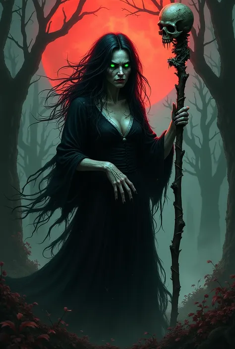 "A terrifying witch standing in a dark, eerie forest under a blood-red full moon. Her skin is pale and cracked, with glowing green eyes that pierce through the darkness. She has long, tangled black hair that seems to writhe like living shadows. Her jagged,...