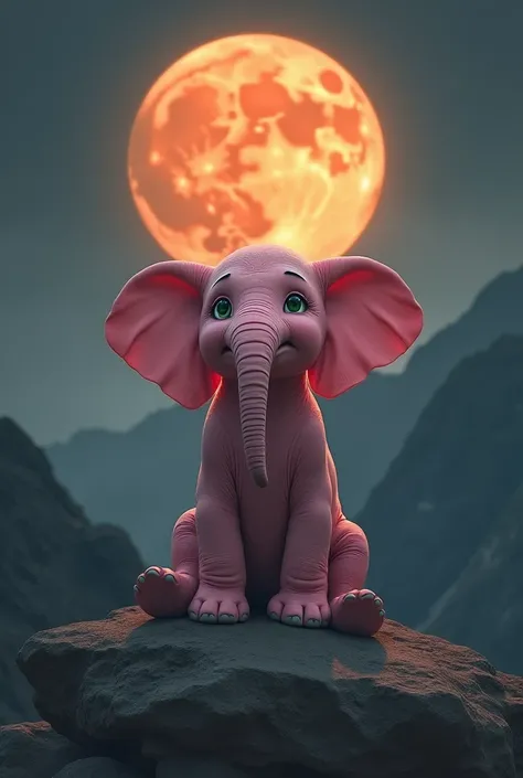  Professional photograph of a small pink elephant with green eyes and large eyelashes with wrinkles typical of its species.  Sitting on the peak of a rugged mountain on a surface of flat stones ,  at night crying when looking at a huge orange full moon per...