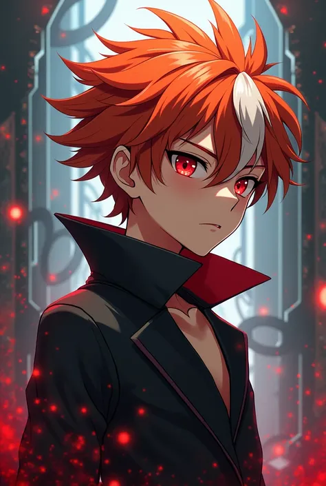 Vampire,  orange hair , white strand on bangs, anime, Boy,  red eyes , mechanics.