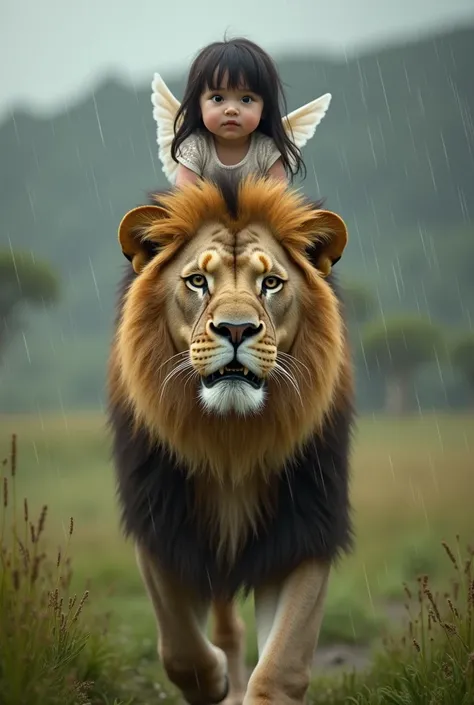 Realistic baby of approximately 8 months old, Do you have fair skin, dark and long hair, and smooth,dressed in lace clothing,  parade mounted on a huge realistic lion, In the African savanna on a rainy day