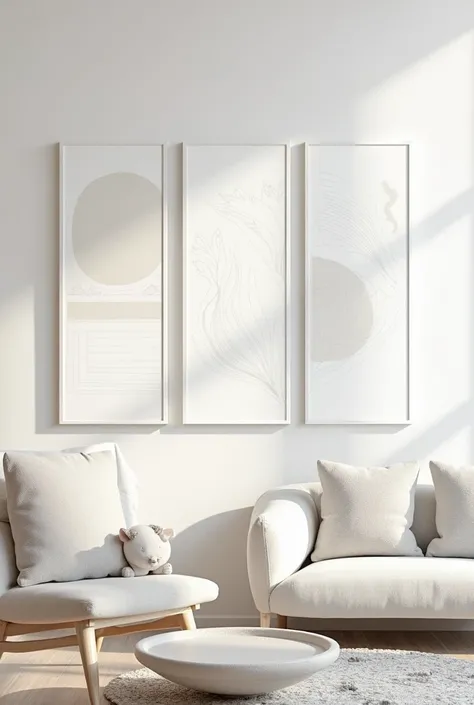 Create a wall art mock-up in a living setting with three 18 x 12 vertical wall art set on the wall make the aesthetic more modern and white with everything facing forward