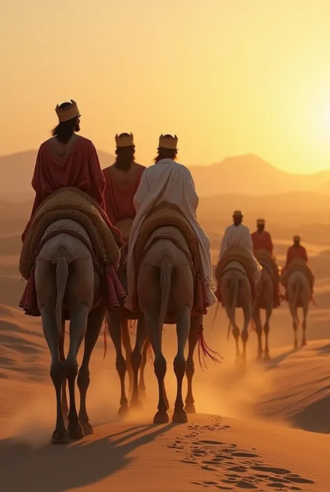  Backlit figures of three kings of the East on camels,  with camels full of packages behind them .  In the Gobi desert beginning to dawn , sand dunes lifted by the wind .