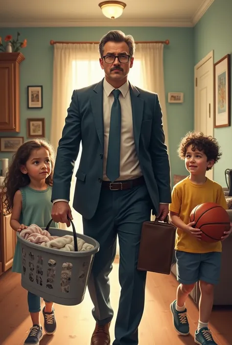  I would like to create an image of a working office dad  ,  a daughter who does household chores and a son who likes sports , That there is inequality   