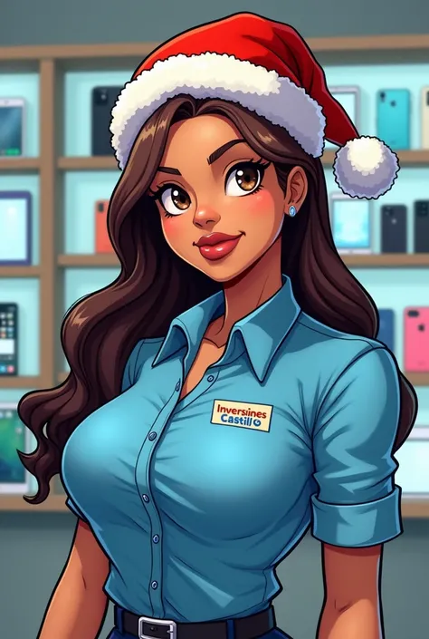 Create a comic character, femenino, stocky with short bust long brown hair, small eyes, light dark complexion ,  with a formal blue shirt that says Inversiones Castillo without logo,  A Christmas hat  , In a cell phone store