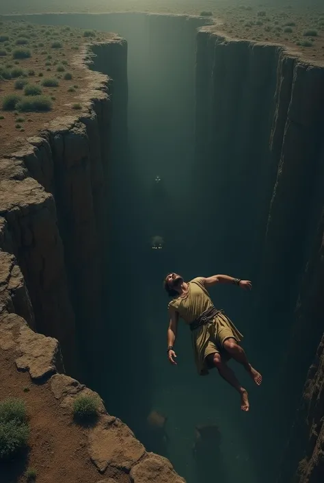  Man from biblical times falling into a large hole where lions are found, The lions can be seen in the distance inside the great hole , The well is dark and the image is dramatic and artistic. 