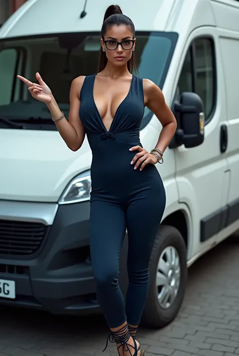  Image of a brunette woman with tied hair and wearing glasses looking up chic with a sculptural body wearing a dark blue jumpsuit that is extremely tight to her body and wearing high-heeled sandals with ties rising up her shins and in a sexy position for a...