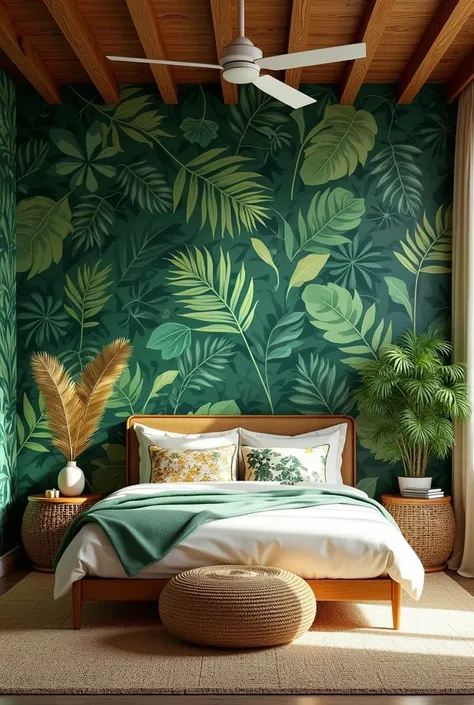 Tropical bedroom  :  a wall decorated with jungle wallpaper,  a ceiling fan ,  rattan furniture ,  and tropical cushions .