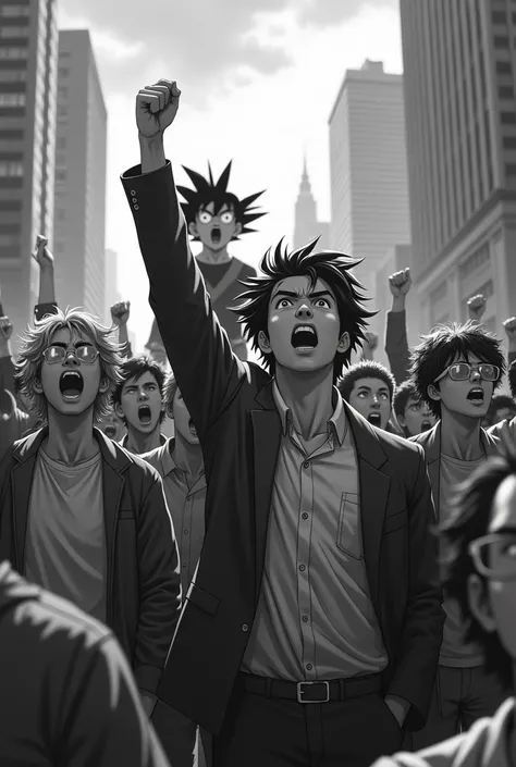  final year students, protesting:
monochrome image .
 Let men lead and where is Goku(Deliver the crowd ).