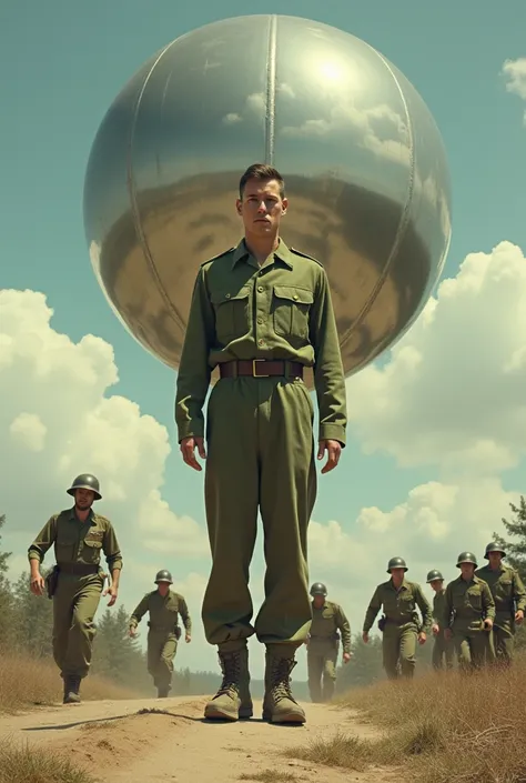 1943, Medium build male at 100feet tall with short black hair wearing green United States army uniform above him a huge chrome Sphere and other soldiers running 