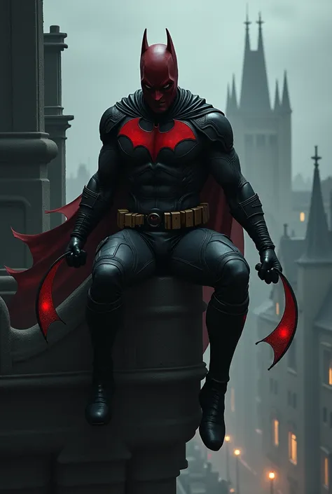 un personnage qui porte un masque rouge comme red hood avec des batarang sur une gargouille prêt a sauter  sans cape et pas doreilles de chauve souris 