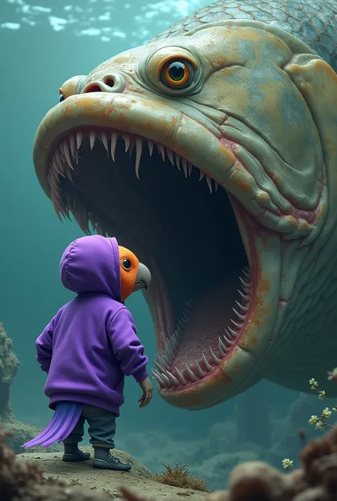 Cockatail with purple hoodie getting eaten by very big fish 