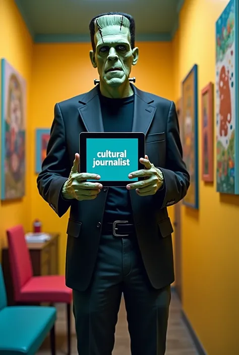  Frankenstein that has a tablet attached to it that says " Cultural journalist", He has in his hands a cell phone , And he is in a cheerfully colored room , with pictures of abstract painting .