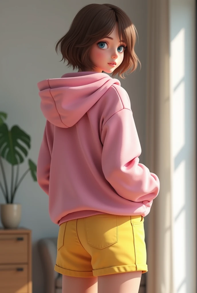 Photorealistic and hyperrealistic style, slim American girl 22 years old, short brown hair and blue eyes, dressed in a pink hoodie, yellow shorts, she is standing posing, looking at the camera, view from behind, she is in a modern room