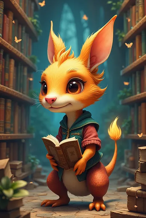 an adorable 2D style fantasy creature made of gorgeous and fantastic books, the creature is in a magical library with a lot of books around it