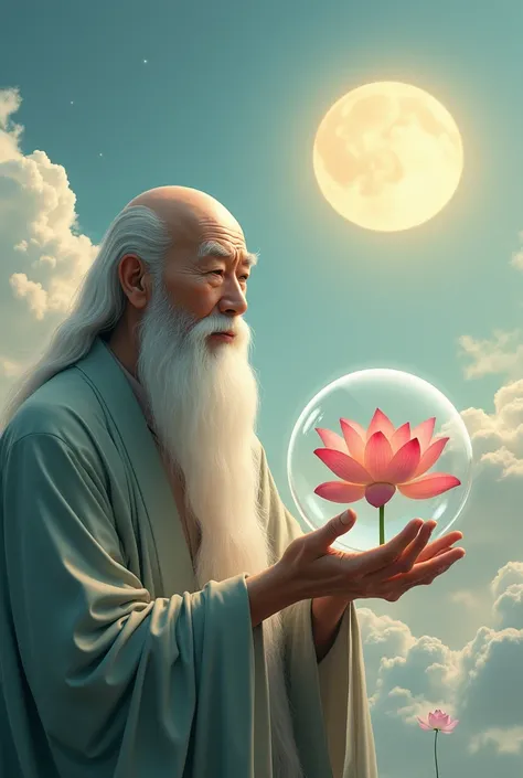 Chinese Bald Old Man With Long Bearded Hand Holding Bubble Face Large Flower In Sky Clouds Sun With Lotus In Sky Clouds