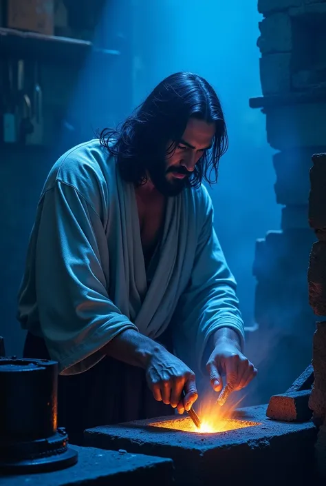  Jesus forging iron,  image all in blue, with writing  ( The Forge Cell  ) Great writing in Portuguese 
