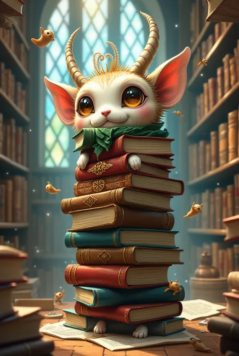 an adorable 2D style fantasy creature made of books, the creature is in a magical library with a lot of books around it