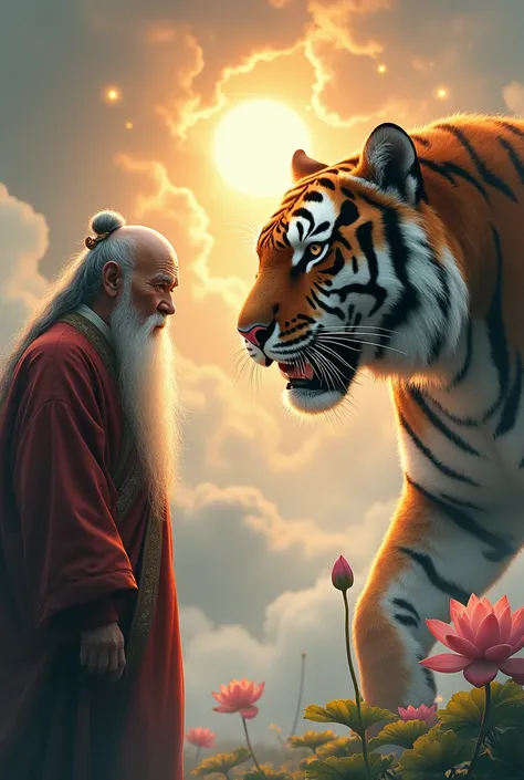 CHINESE BALD OLD MAN WITH LONG BEARD FACE TO FACE BIG TIGER WITH SUN IN SKY CLOUD MIST WITH LOTUS