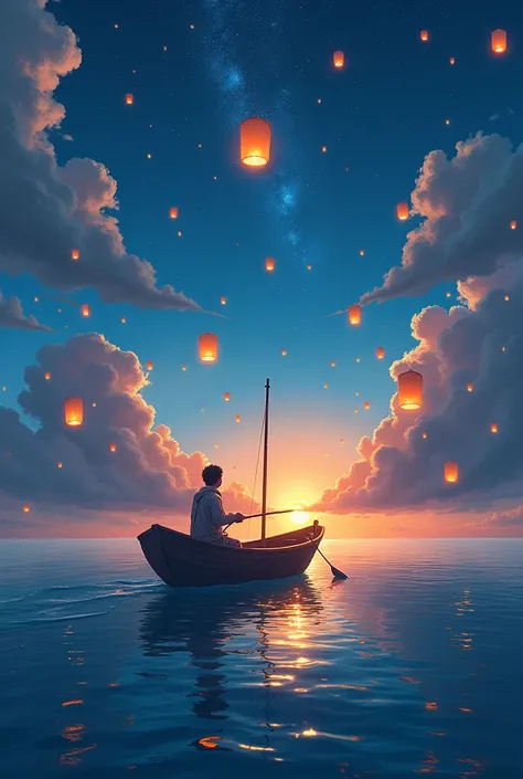 A person traveling on a boat at sea and having a lot of lanterns flying in the sky, colors and clouds too 