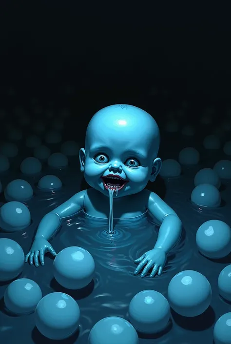 Create the cover of a manga , Where is a blue doll with a drooling face,Are you in a ball pool,  showing just one day head coming out of it .  Set a dark and mysterious scenario .