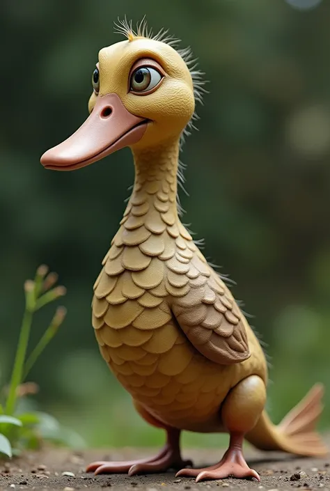  An animal with a duck head , , an elongated body and short legs similar to those of a dachshund,  and a long, thin tail similar to that of a fish . Its coat is scaly ,  with light to dark brown scales ,  y is approximately 40 cm tall and 70 cm long , In p...