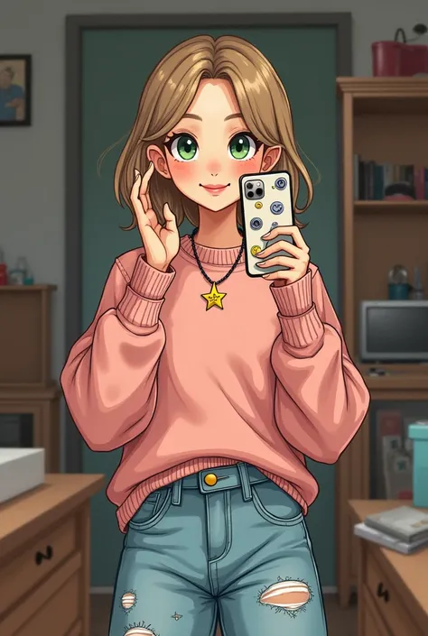 One with slightly dark blonde hair, her hair goes up to her breasts, has dark green eyes with a necklace with a star she is wearing a light pink family that goes a little above the waist and the sleeve of the sweater is a bit large, she has some wide jeans...